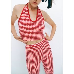 ZARA High Waisted Gingham Plaid Groovy Knit Flare Legging Pants Red White S NWT